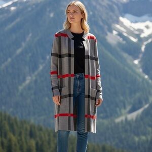 Tahari Gray and Red Plaid Cardigan